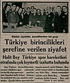 20 Kasım 1933 tarihli Vakit gazetesinde 1933 Türkiye Birincilikleri şerefine verilen ziyafet haberi.