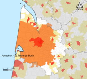 Localisation de l'aire d'attraction d'Arcachon - La Teste-de-Buch dans le département de la Gironde.