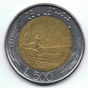 1985 coin, 500 lira, uses L.