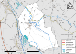 Carte en couleur présentant le réseau hydrographique de la commune