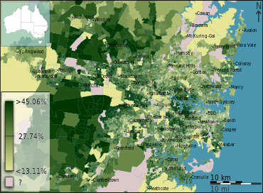 People who identify as Catholic in Sydney as a percentage of the local population, according to the 2011 census, divided geographically by statistical area level 1. Australian Census 2011 demographic map - Inner Sydney by SA1 - BCP field 2727 Christianity Catholic Persons.svg
