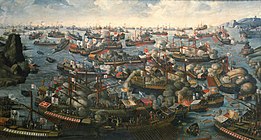 A lepantói csata 1571. október 7-én (Ábrázolása a londoni tengerészeti múzeumban)