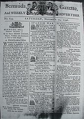 Bermuda Gazette of 12 November 1796, calling for privateering against Spain and its allies during the 1796 to 1808 Anglo-Spanish War, and with advertisements for crew for two privateer vessels. Bermuda Gazette - 12 November 1796.jpg