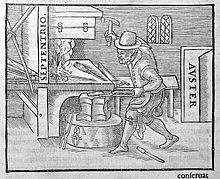 An illustration from Gilbert's 1600 De Magnete showing one of the earliest methods of making a magnet. A blacksmith holds a piece of red-hot iron in a north-south direction and hammers it as it cools. The magnetic field of the Earth aligns the domains, leaving the iron a weak magnet. Blacksmith at the anvil. Wellcome L0005875.jpg