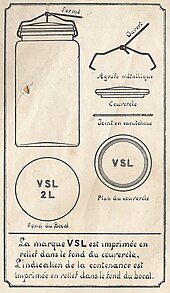 Le schéma montre le bocal fermé, le détail de l’agrafe et du couvercle, ainsi que le graphisme du logo de la marque VSL.