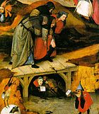 2人の僧侶と平信徒に支えられた聖アントニウス。凍った湖でスケートをする鳥の悪魔