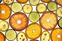 Lemons, oranges, limes, and other citrus fruits contain high concentrations of citric acid. Citrus fruits.jpg