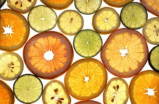 Skiver af forskellige citrusfrugter.