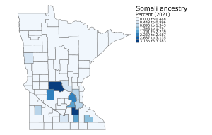 Counties of Minnesota by percent with Somali ancestry Counties of Minnesota by percent with Somali ancestry, 2021.svg