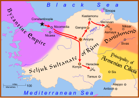 Mapa západní Anatolie s vyznačením přesunů křižáckých vojsk
