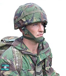 Example of a modern combat helmet (British Mk 6 with cloth cover) DSCF154 Sgt Lee Johnson 2Bn (Green Howards) YR (RLH).JPG