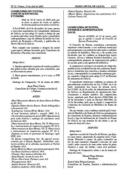 Ficheiro:Decreto 65-2005, do 31 de marzo, polo que se aproba o escudo do Concello de Baiona (Pontevedra).pdf