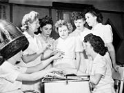 Ex-servicewomen learning manicure techniques, 1945
