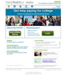 The website of the Free Application for Federal Student Aid, which allows American students to determine their eligibility for student financial aid FAFSA.gov screenshot 2016-01-04.png