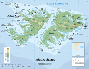 Mapa de las islas Malvinas, con topónimos castellanos