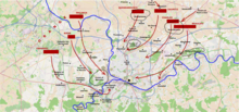 Coburg's plan of attack on 26 June for the battle of Fleurus. He planned to mainly attack both French flanks, to get into their rear and cut off their retreat. FleurusAlliedPlan.png