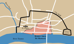 Approximate damage by the evening of Monday, 3 September, outlined in dashes (Pudding Lane origin is short vertical road in lower right damage area) Great Fire of London Monday.png