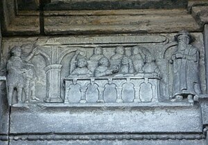 A carving of a seventeenth-century classroom with a dominie and his ten scholars, from George Heriot's School, Edinburgh Heriot's Classroom.jpg