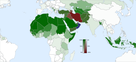 Staaten mit einem islamischen Bevölkerungsanteil von mehr als 10%Grün: sunnitische Gebiete, Rot: schiitische Gebiete, Blau: Ibaditen (Oman)