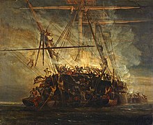 A painting of Chevrette being attacked by British sailors climbing up from rowing boats