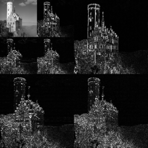 An example of the 2D discrete wavelet transform that is used in JPEG2000. The original image is high-pass filtered, yielding the three large images, each describing local changes in brightness (details) in the original image. It is then low-pass filtered and downscaled, yielding an approximation image; this image is high-pass filtered to produce the three smaller detail images, and low-pass filtered to produce the final approximation image in the upper-left. Jpeg2000 2-level wavelet transform-lichtenstein.png