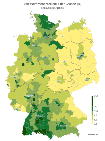 Endgültiges Ergebnis der Bundestagswahl 2017 in Deutschland, Zweitstimmenanteil in Prozent der Grünen