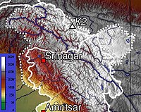 Topographic map of Jammu and Kashmir, with visible altitude for the Kashmir valley and Jammu region. Kashmir top.jpg