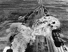U.S. Air Force attacking railroads south of Wonsan on the eastern coast of North Korea Korean War, train attack.jpg