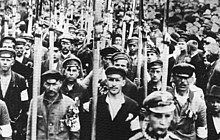 Czarno-biała fotografia przedstawia grupę mężczyzn maszerujących wprost na fotografa, większość w cywilnych ubraniach i opaskach na ramieniu, prawdopodobnie w kolorach polskiej flagi. Mężczyźni niosą długie kosy bojowe. Na prawo od nich grupa cywilów.