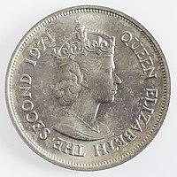 Queen Elizabeth II on a Mauritian 10 rupee coin, 1971 Mauritius 10 Rupees 1971 Elizabeth II(obv)-4041.jpg