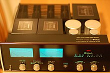 A McIntosh stereo audio amplifier with output power of 50 watts per channel used in home component audio systems in the 1970s. McIntosh MC2505.jpg