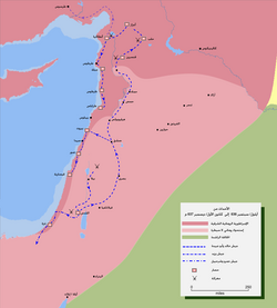 Map detailing the route of خالد بن الوليد's invasion of Northern Syria