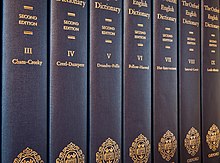 Seven of the twenty volumes of the Oxford English Dictionary (second edition, 1989) OED2 volumes.jpg