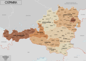 Estado da Áustria (1938–1940) Land Österreich Território de Ostmark (1940–1942) Reichsgaue der Ostmark Territórios dos Alpes e Danúbio (1942–1945) Alpen-und Donau-Reichsgaue