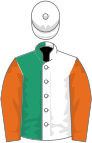 WHITE and EMERALD GREEN (halved), orange sleeves, white cap