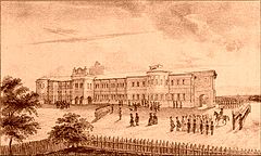 Palatul Ocârmuirii din Iaşi în timpul unei процесиуни милитаре. Litografie de epocă.jpg