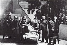 The First Operation under Ether, painted by Robert Hinckley 1881-1896. This operation on the jaw of a female patient took place in Boston on 19 October 1846. William Morton acted as the anaesthetist and John Morrow was the surgeon Robert Hinckley The First Operation Under Ether 1881-96.JPG