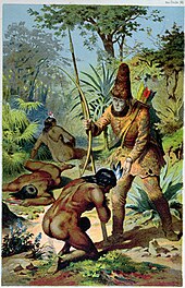 Daniel Defoe's 1719 castaway novel Robinson Crusoe, with Crusoe standing over Man Friday after freeing him from the cannibals Robinson Crusoe and Man Friday Offterdinger.jpg