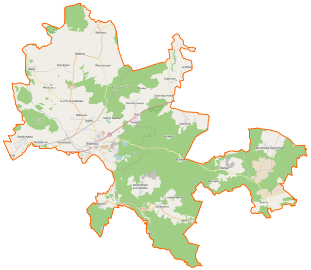 Mapa konturowa gminy Sianów, blisko centrum na lewo znajduje się punkt z opisem „Sianów”