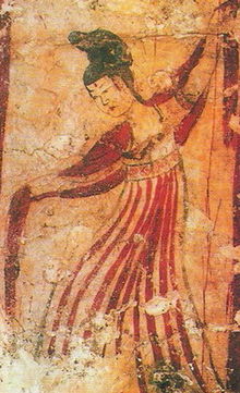 A Tang dynasty dancer from a mural unearthed in Xi'an dancing with a shawl Tang dancer.jpg