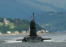 A Trident missile-armed Vanguard-class ballistic missile submarine leaving its base in the Firth of Clyde Trident boat.jpg