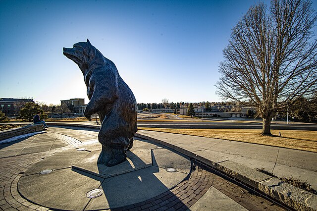 West Campus, Mascot Statue. Bishop Lehr Hall is visible on right, and McKee Hall of Education is on the left