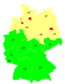 Wikipedianer (Oktober 2005) pro 1 Million Bundesland-Einwohner gelb = <20 ; grün = 20–49 ; rot = 50 und mehr