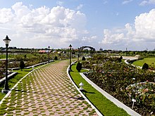 Curved garden paths are a common form of hardscaping Walkway through the rose garden.jpg