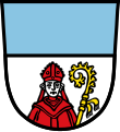 Stadt Berching Geteilt von Blau und Silber; unten ein wachsender, rot gekleideter Bischof mit Mitra, links ein zugewendeter goldener Bischofsstab.