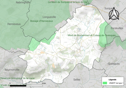 Carte des ZNIEFF de type 1 sur la commune.