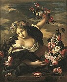 Женская фигура с диадемой из цветов, флейтой и цветами в левой руке, опирающаяся на резной камень возле хрустальной вазы с цветами. Совместно с Г. Куртуа. Между 1665 и 1675. Холст, масло. Частное собрание