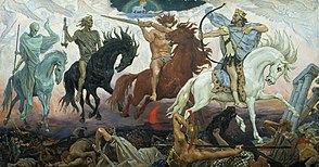Four Horsemen of the Apocalypse, an 1887 painting by Russian artist Viktor Vasnetsov. Depicted from left to right are Death, Famine, War, and Conquest. Apocalypse vasnetsov.jpg