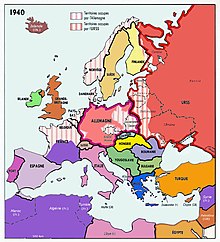 The map clearly shows the division of France as per all the historical realities of the era: Nazi Germany annexed Alsace Lorraine, and occupied northern metropolitan France and all the Atlantic coastline down to the border with Spain. That left the rest of France, including the remaining two-fifths of southern and eastern metropolitan France and Overseas France North Africa, unoccupied, and under the control of a collaborationist French government based at the city of Vichy, and headed by Marshal Philippe Petain. AtHistEur1940.jpg