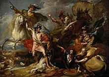 A painting of a man fending off a stag which is in the midst of attacking another man